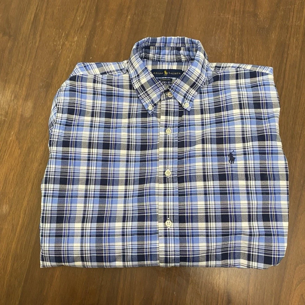 Ralph Lauren Button Down Shirt Men Large Blue Plaid Classic Fit Long Sleeve Pony